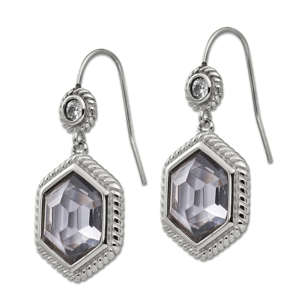 Stainless Steel Dangle Earrings with Faceted Lavender Crystal Hexagon Drop, Cubic Zirconia Accent