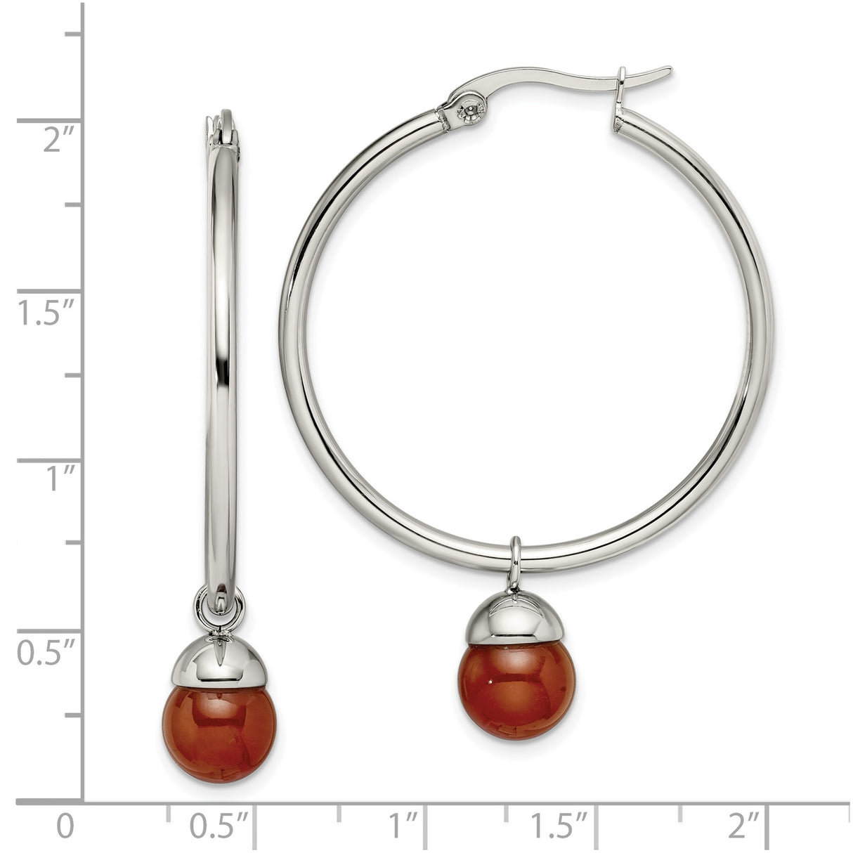 Stainless Steel Hoop Earrings with Red Agate Bead, Silver-Tone Cap, Minimalist Style