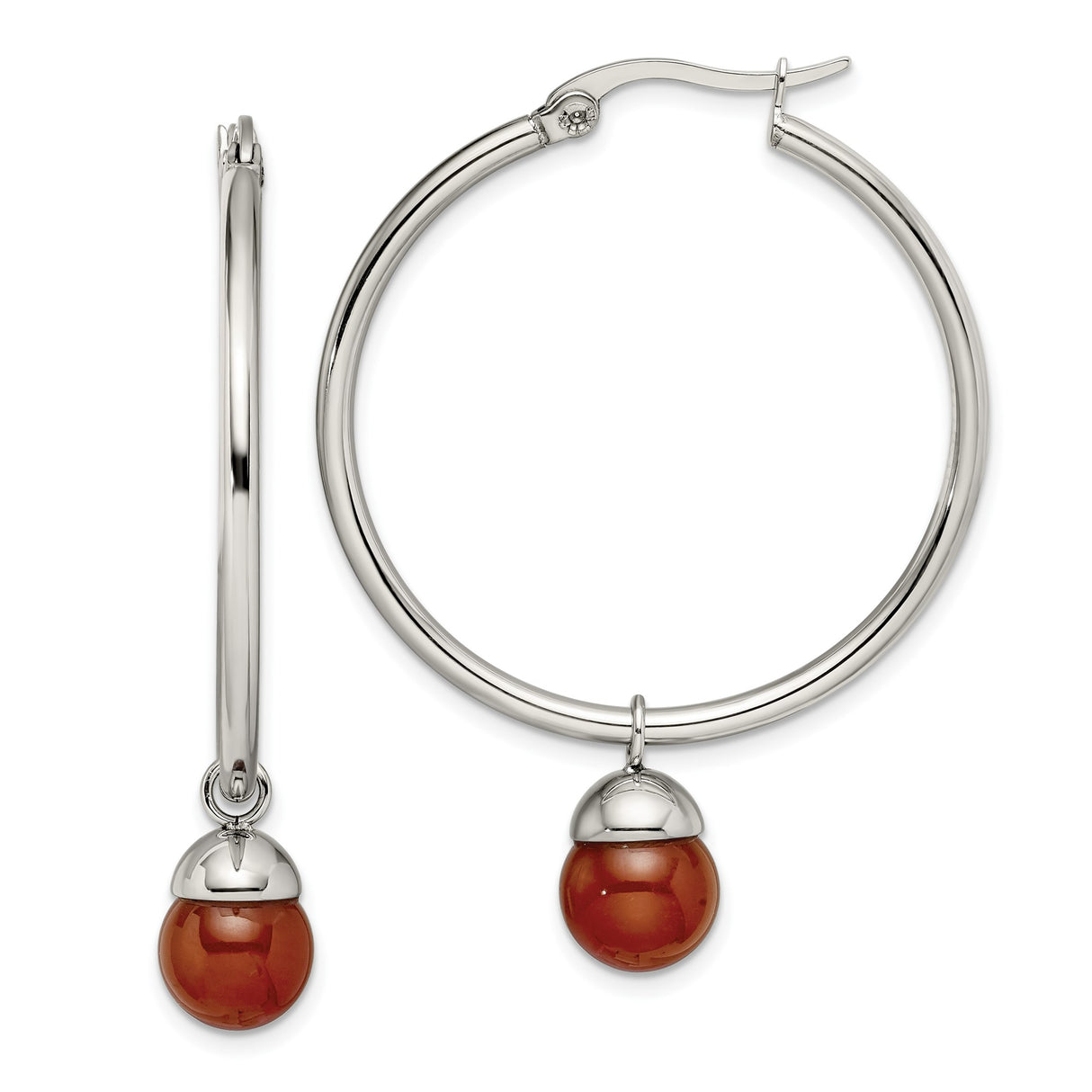 Stainless Steel Hoop Earrings with Red Agate Bead, Silver-Tone Cap, Minimalist Style