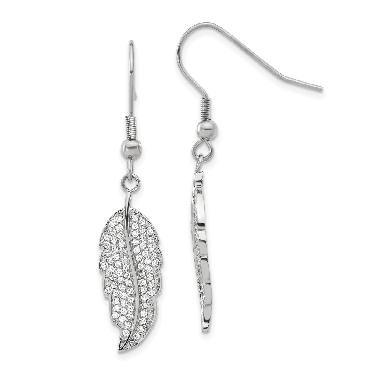 Stainless Steel Feather Dangle Earrings with Cubic Zirconia, Boho Spiritual Style