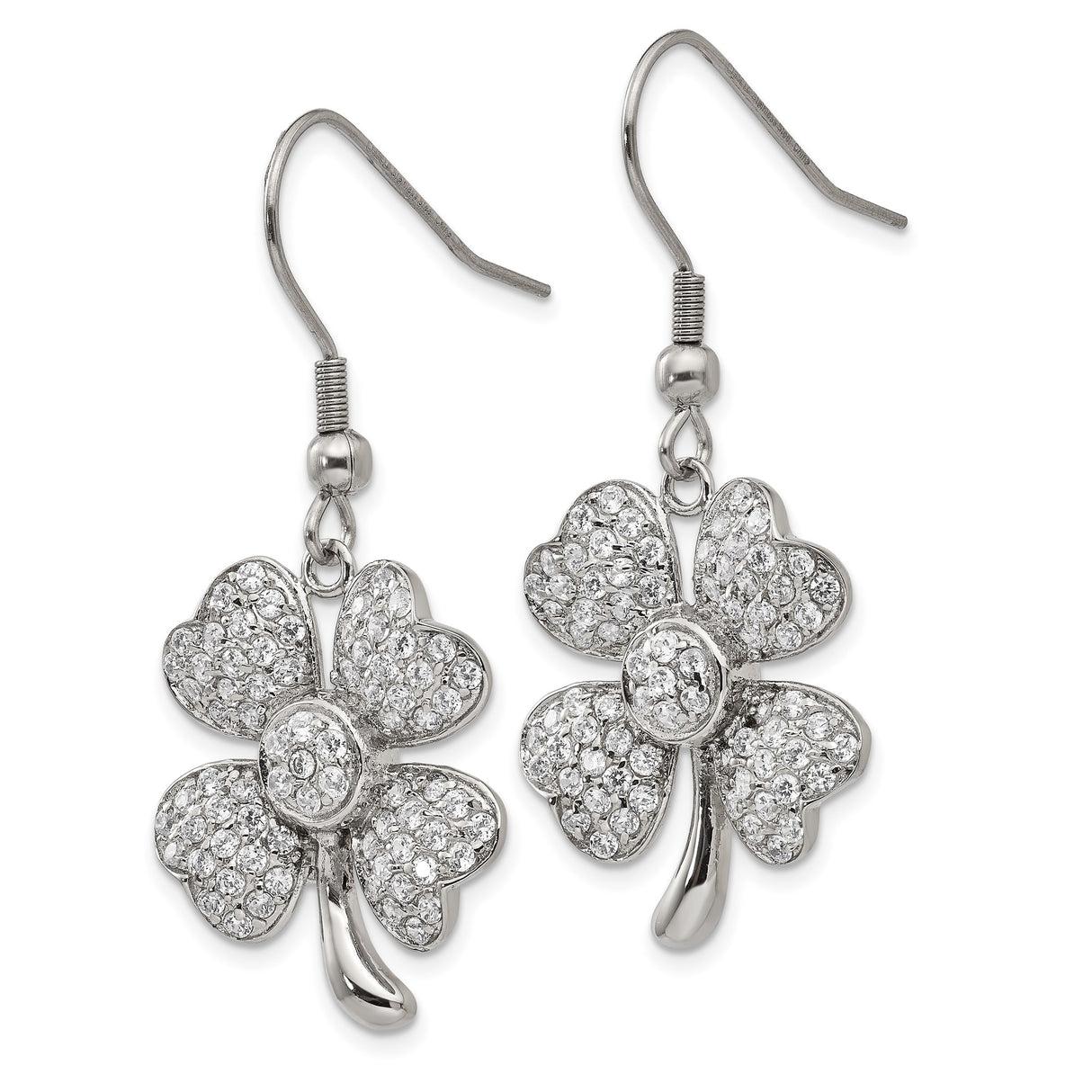 Stainless Steel Clover Dangle Earrings with Cubic Zirconia, Heart Leaves, Celtic Style