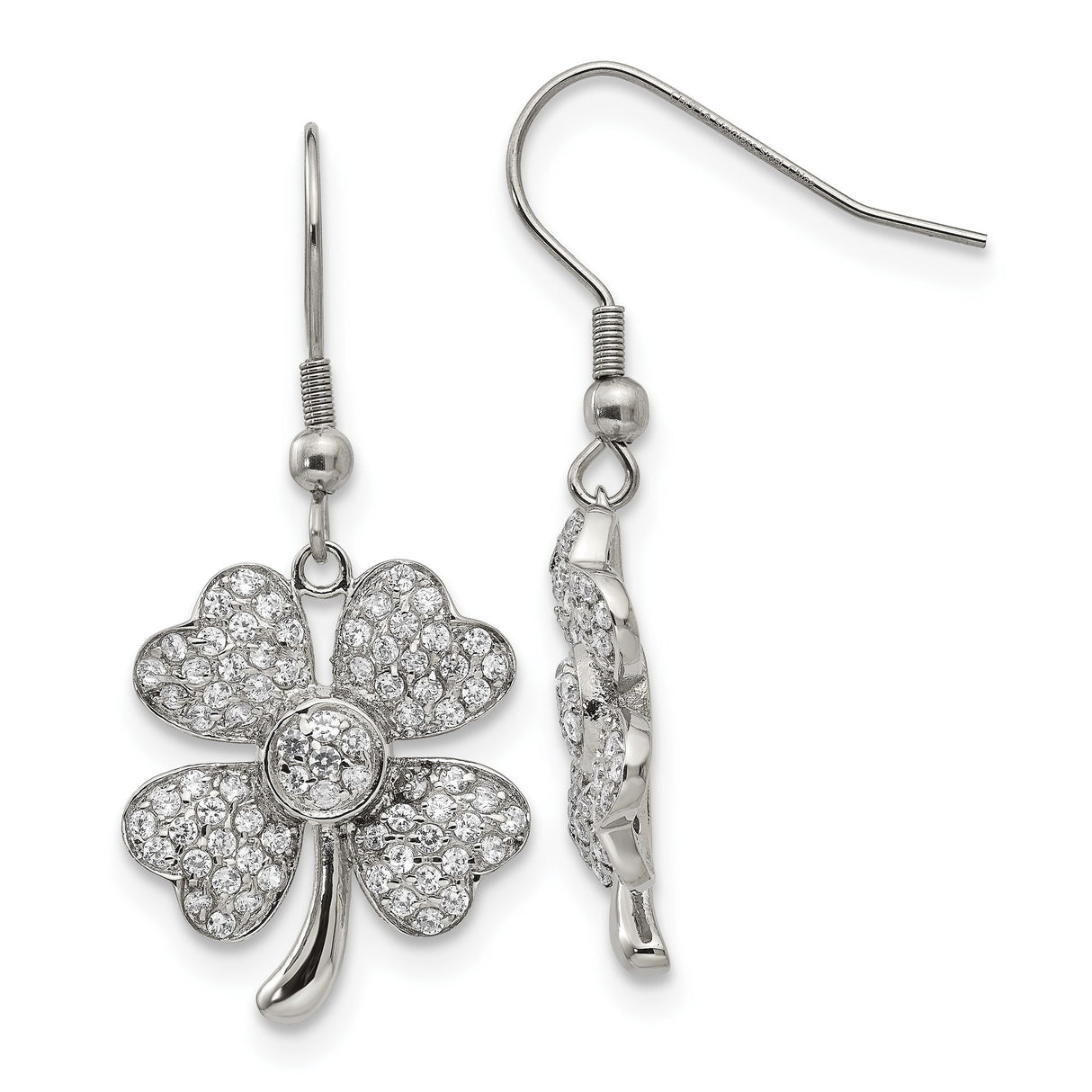 Stainless Steel Clover Dangle Earrings with Cubic Zirconia, Heart Leaves, Celtic Style