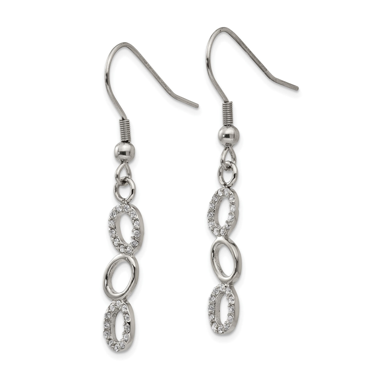Stainless Steel Dangle Earrings with Cubic Zirconia, Triple Oval Drop Design