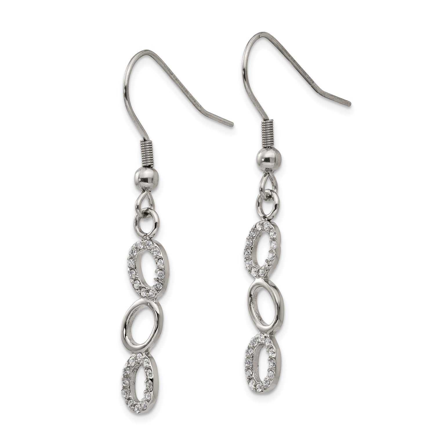 Stainless Steel Dangle Earrings with Cubic Zirconia, Triple Oval Drop Design