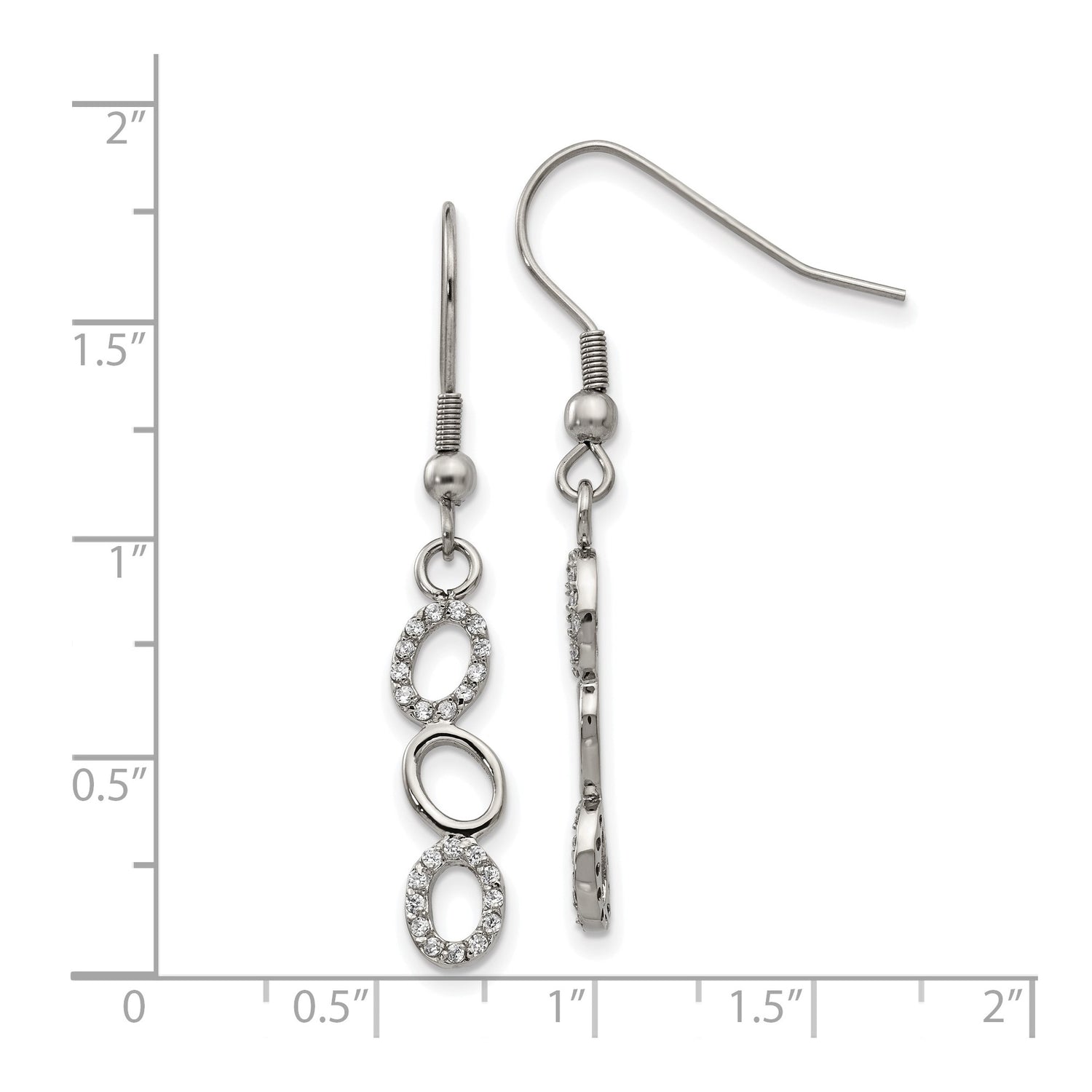 Stainless Steel Dangle Earrings with Cubic Zirconia, Triple Oval Drop Design
