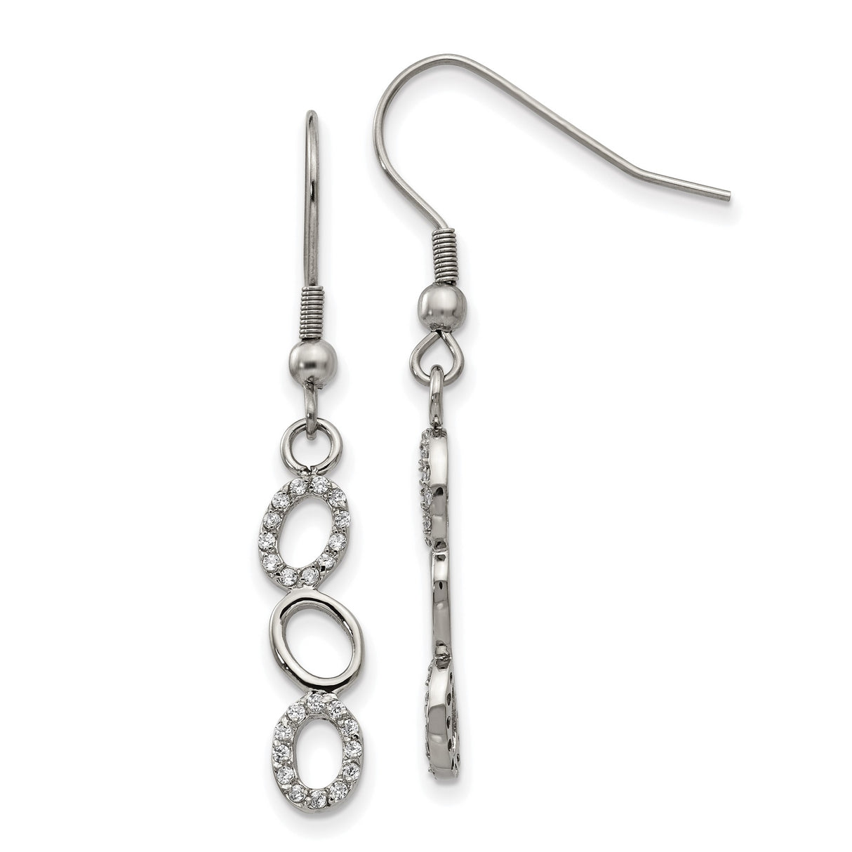 Stainless Steel Dangle Earrings with Cubic Zirconia, Triple Oval Drop Design