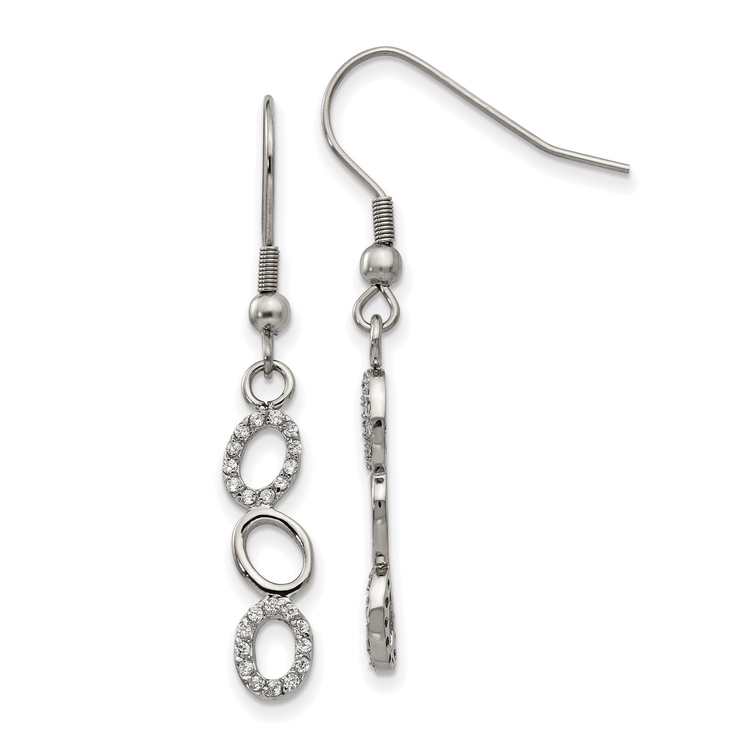 Stainless Steel Dangle Earrings with Cubic Zirconia, Triple Oval Drop Design