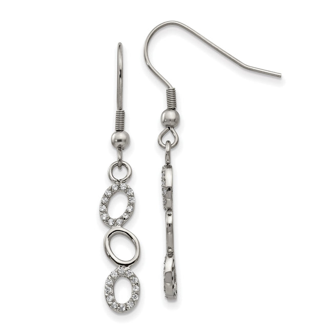 Stainless Steel Dangle Earrings with Cubic Zirconia, Triple Oval Drop Design