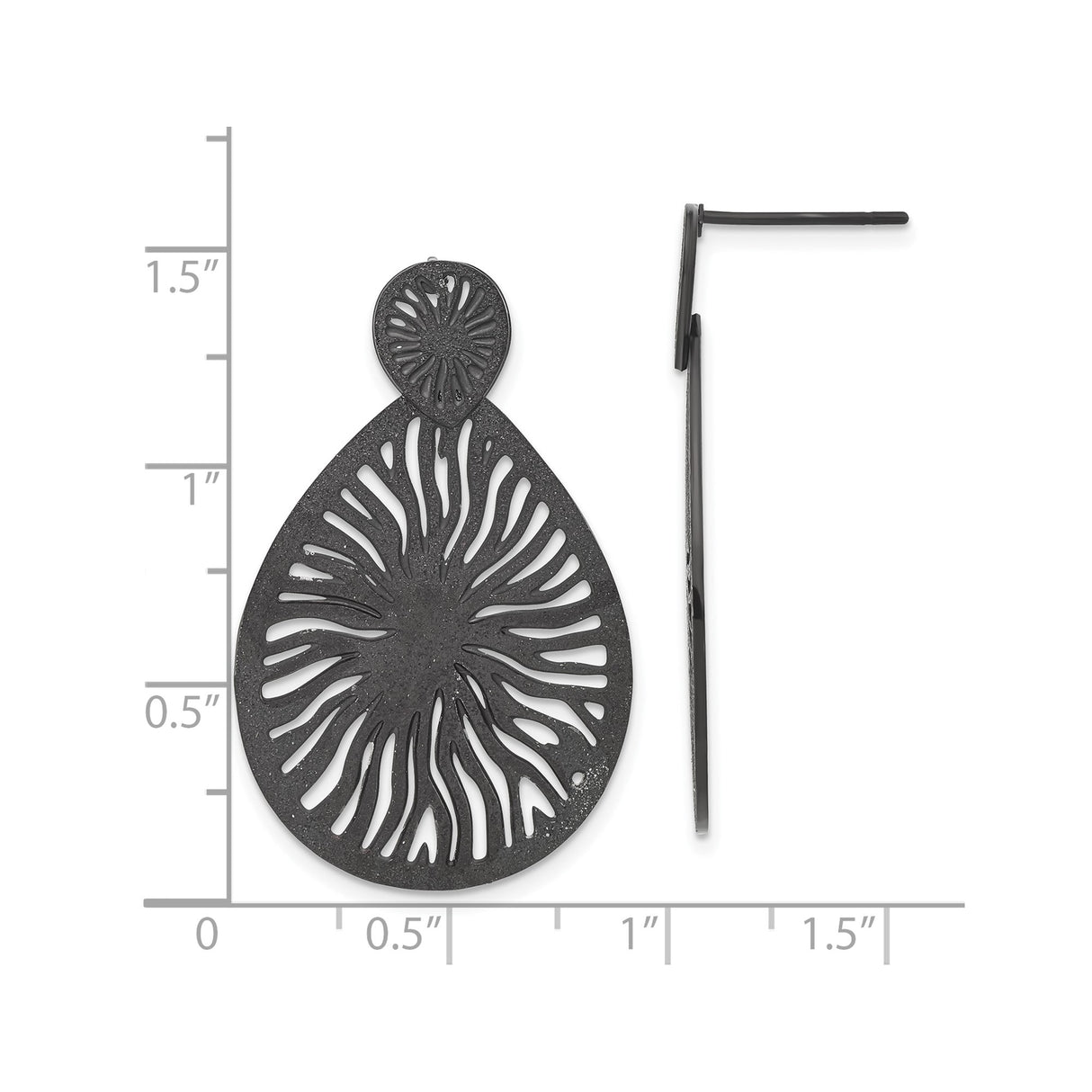 Stainless Steel Teardrop Chandelier Earrings, Black Textured with Sunburst Cutout Design