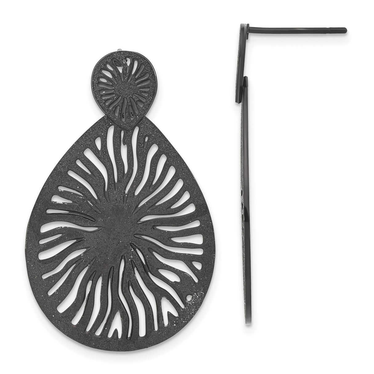 Stainless Steel Teardrop Chandelier Earrings, Black Textured with Sunburst Cutout Design