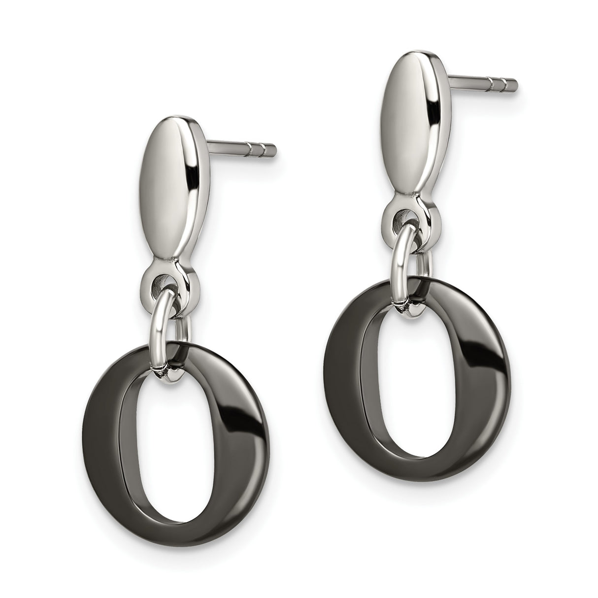 Stainless Steel Drop Earrings with Black Enamel, Oval Open Hoops, Modern Geometric Style