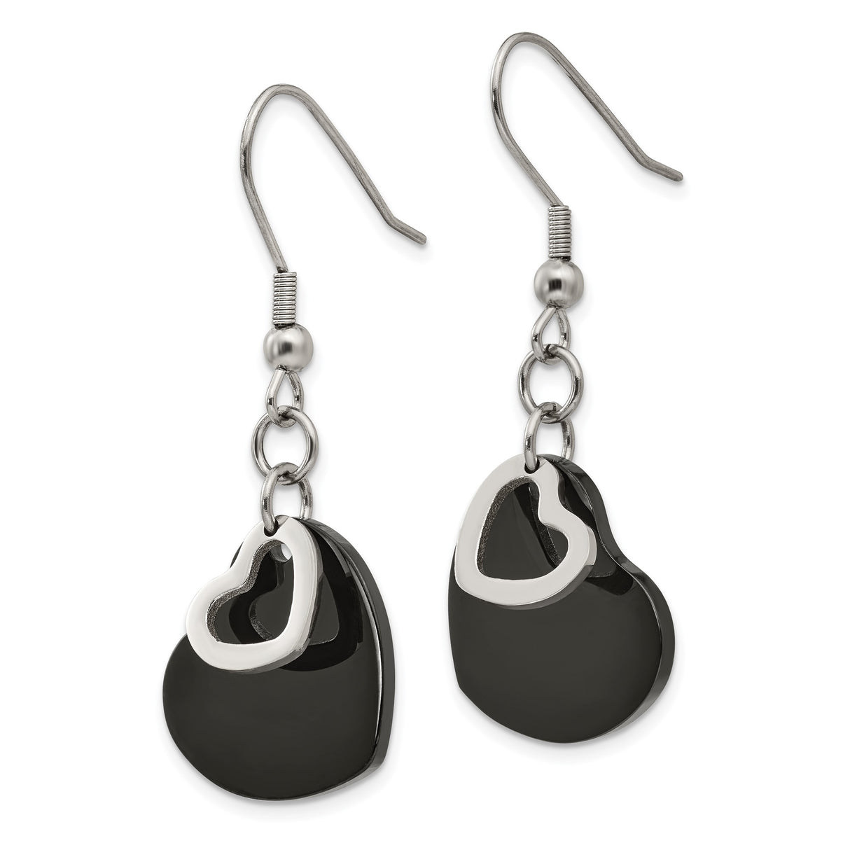 Stainless Steel Dangle Earrings with Layered Black and Silver Heart Charms, Hypoallergenic Design