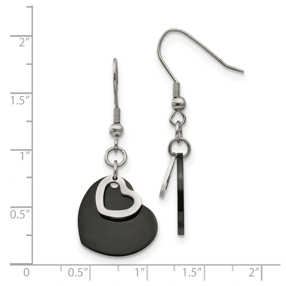 Stainless Steel Dangle Earrings with Layered Black and Silver Heart Charms, Hypoallergenic Design