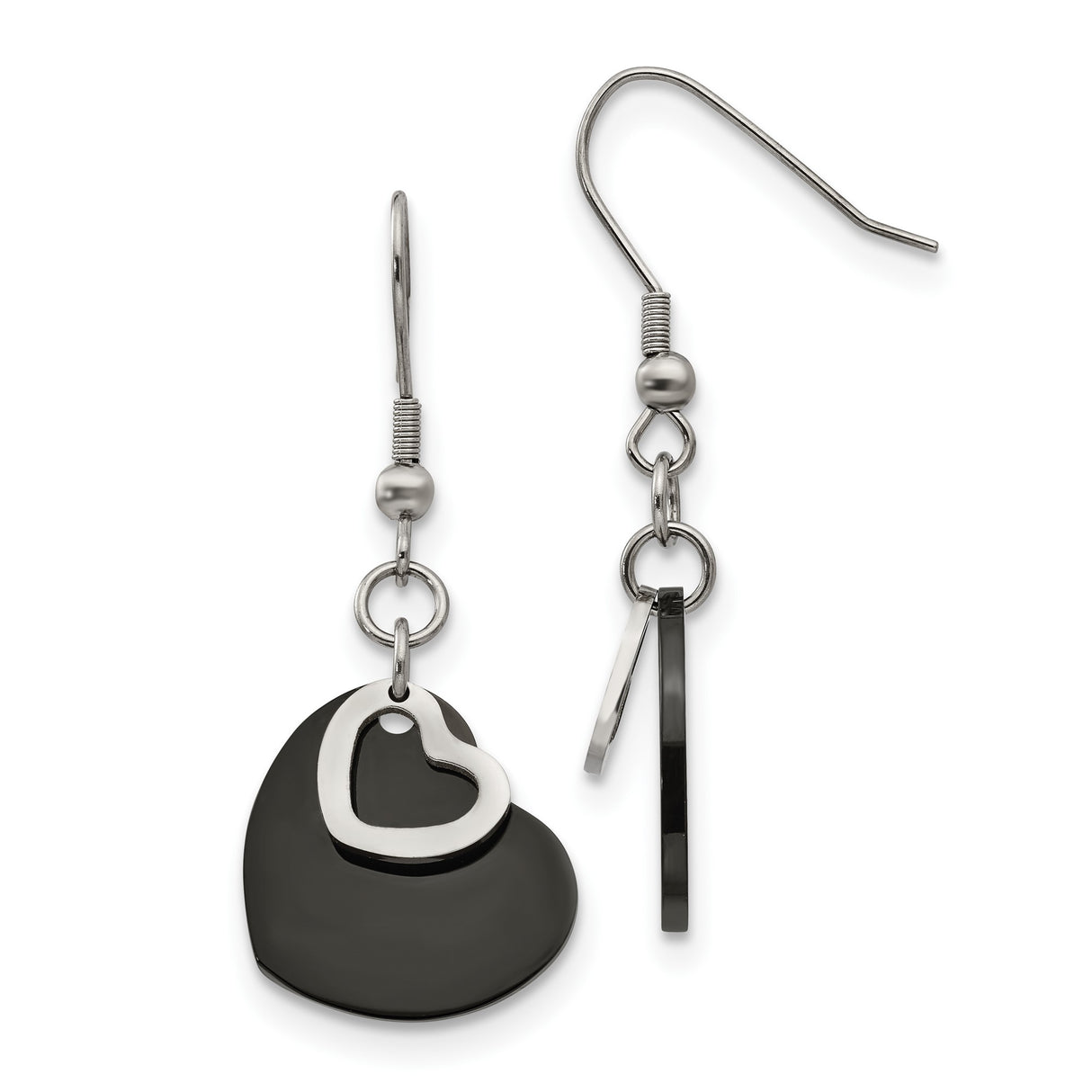 Stainless Steel Dangle Earrings with Layered Black and Silver Heart Charms, Hypoallergenic Design