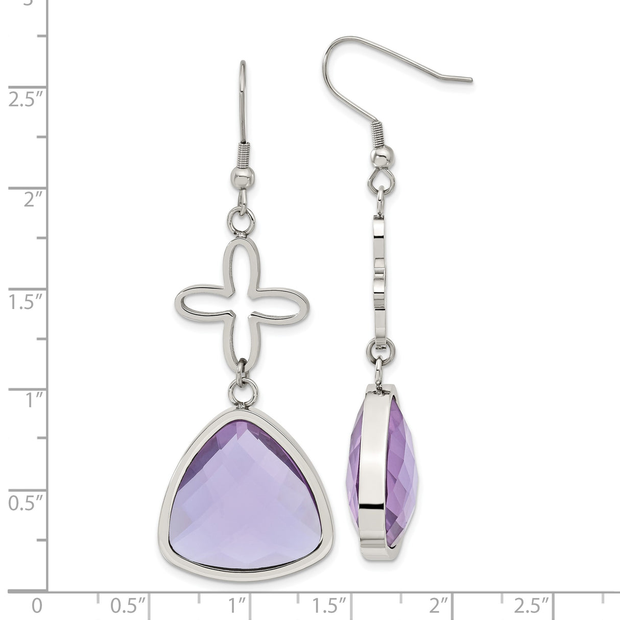 Stainless Steel Dangle Earrings with Purple Faceted Triangular Glass, Floral Abstract Cross Design