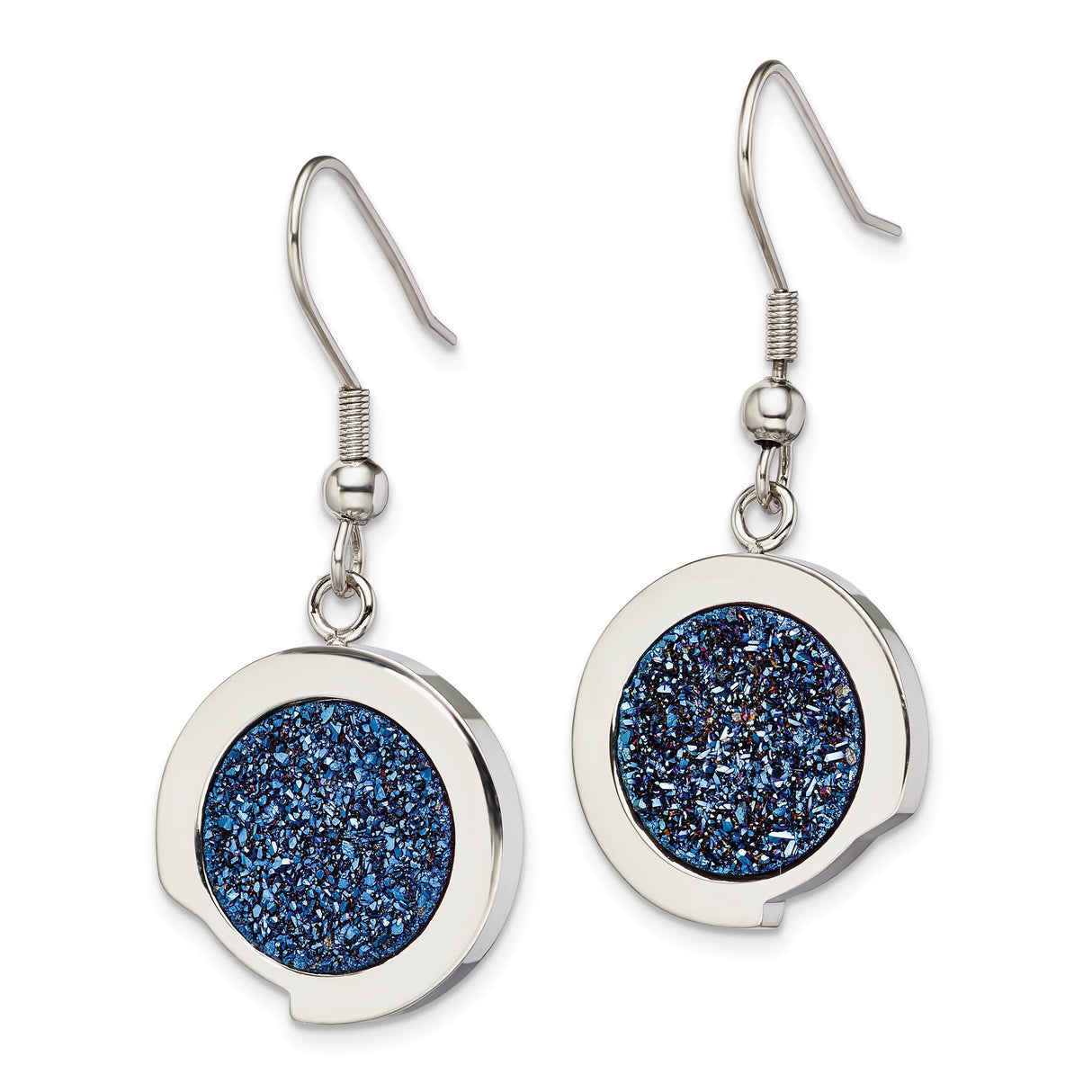 Stainless Steel Dangle Earrings with Round Blue Druzy Stone, Polished Modern Drop Design