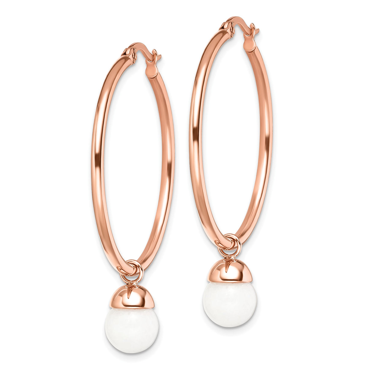 Stainless Steel Hoop Earrings with Jade Bead, Rose Gold Tone, Minimalist Dangle Style