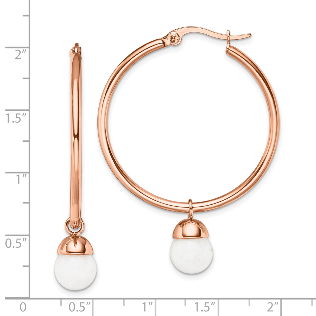 Stainless Steel Hoop Earrings with Jade Bead, Rose Gold Tone, Minimalist Dangle Style