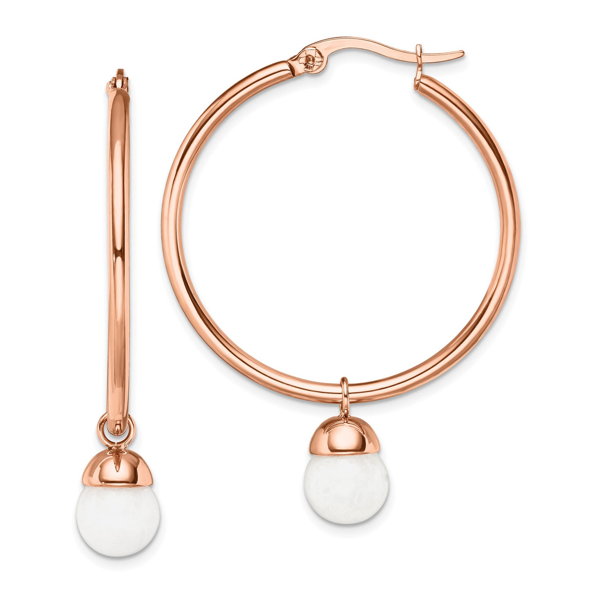 Stainless Steel Hoop Earrings with Jade Bead, Rose Gold Tone, Minimalist Dangle Style