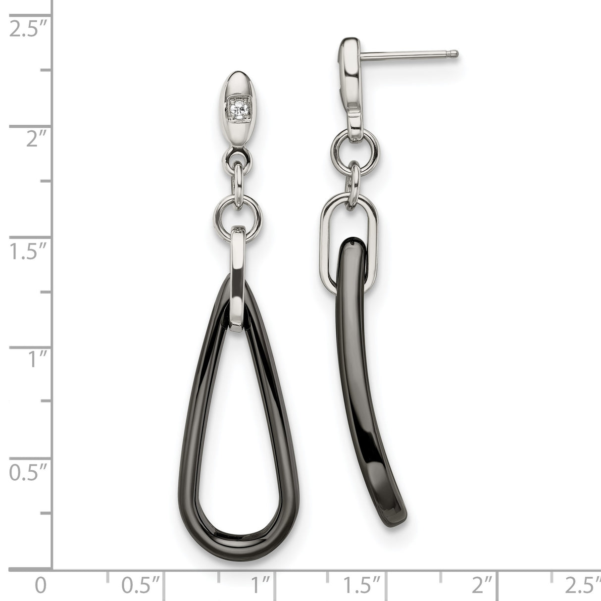 Stainless Steel Drop Earrings with Cubic Zirconia, Asymmetrical Black Enamel, Modern Geometric Style