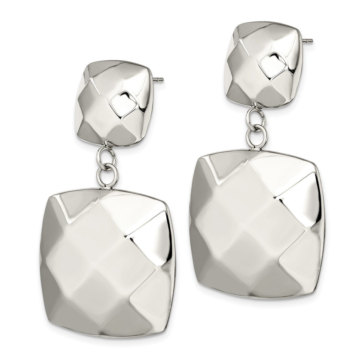 Stainless Steel Drop Earrings, Faceted Square Geometric Dangle Design, Modern Minimalist Style
