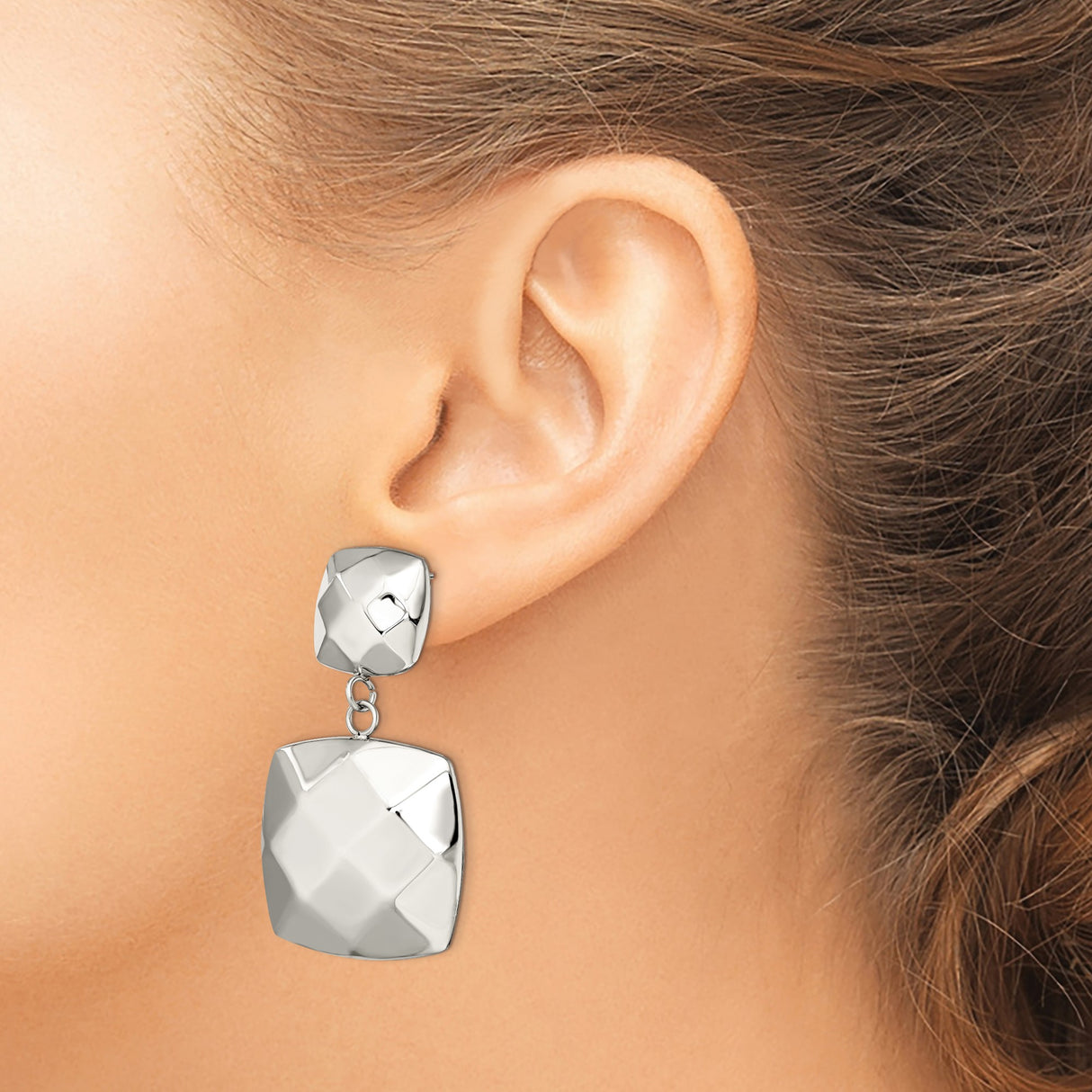 Stainless Steel Drop Earrings, Faceted Square Geometric Dangle Design, Modern Minimalist Style