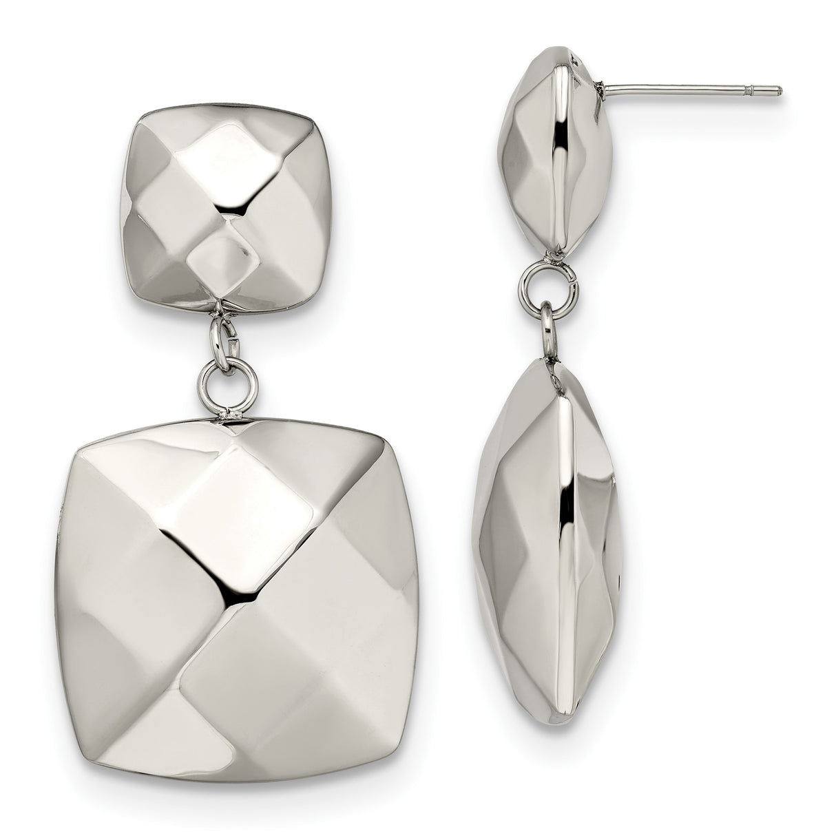 Stainless Steel Drop Earrings, Faceted Square Geometric Dangle Design, Modern Minimalist Style