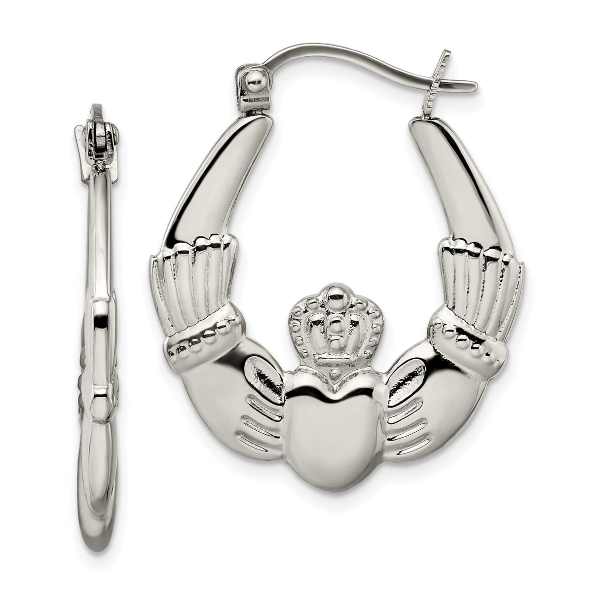 Stainless Steel Claddagh Hoop Earrings with Heart, Crown, and Hands Celtic Design