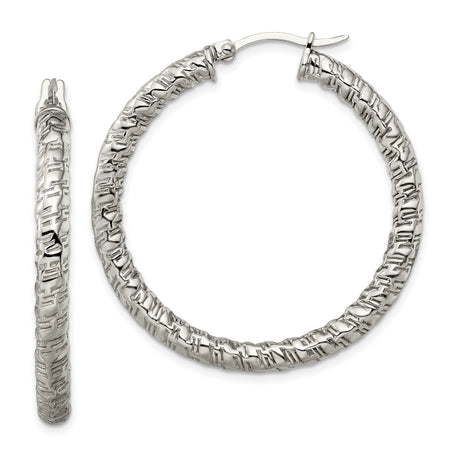 Stainless Steel Hoop Earrings, Woven Textured and Hammered Design, Polished Finish for Women