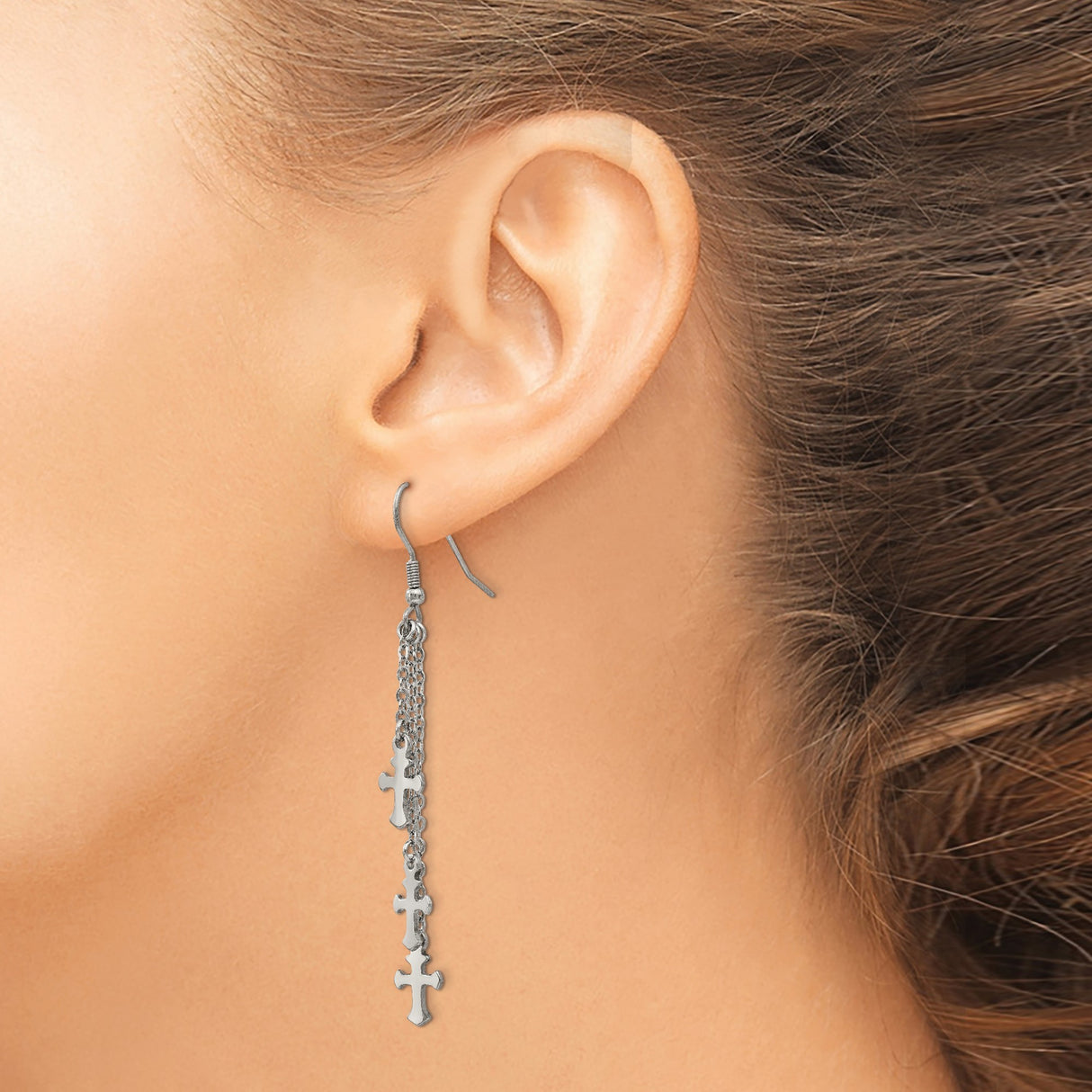 Stainless Steel Cross Drop Earrings with Fine Chains and Polished Multi-Strand Pendants for Women
