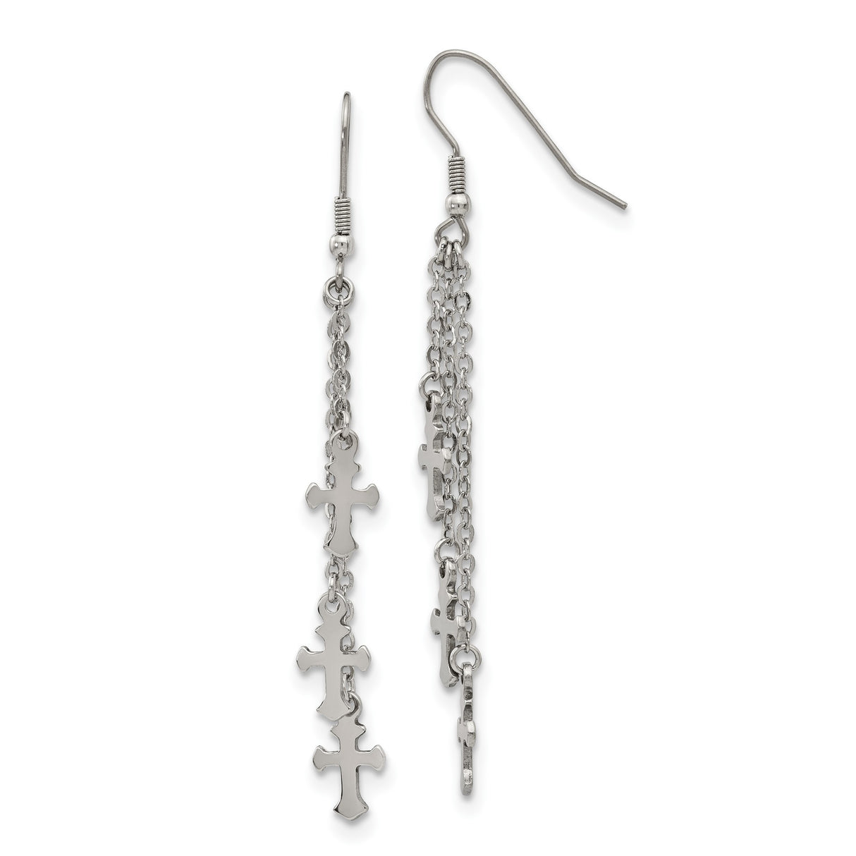 Stainless Steel Cross Drop Earrings with Fine Chains and Polished Multi-Strand Pendants for Women