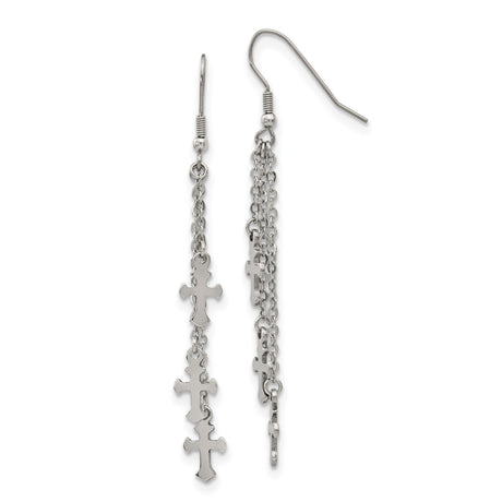 Stainless Steel Cross Drop Earrings with Fine Chains and Polished Multi-Strand Pendants for Women
