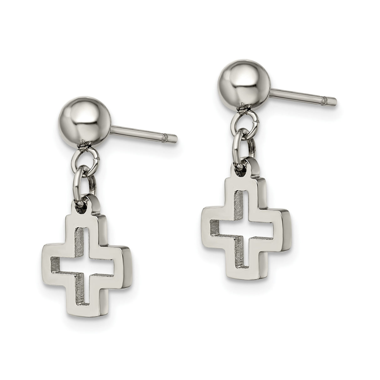 Stainless Steel Dangle Earrings with Hollow Cross Charm and Polished Sphere Design