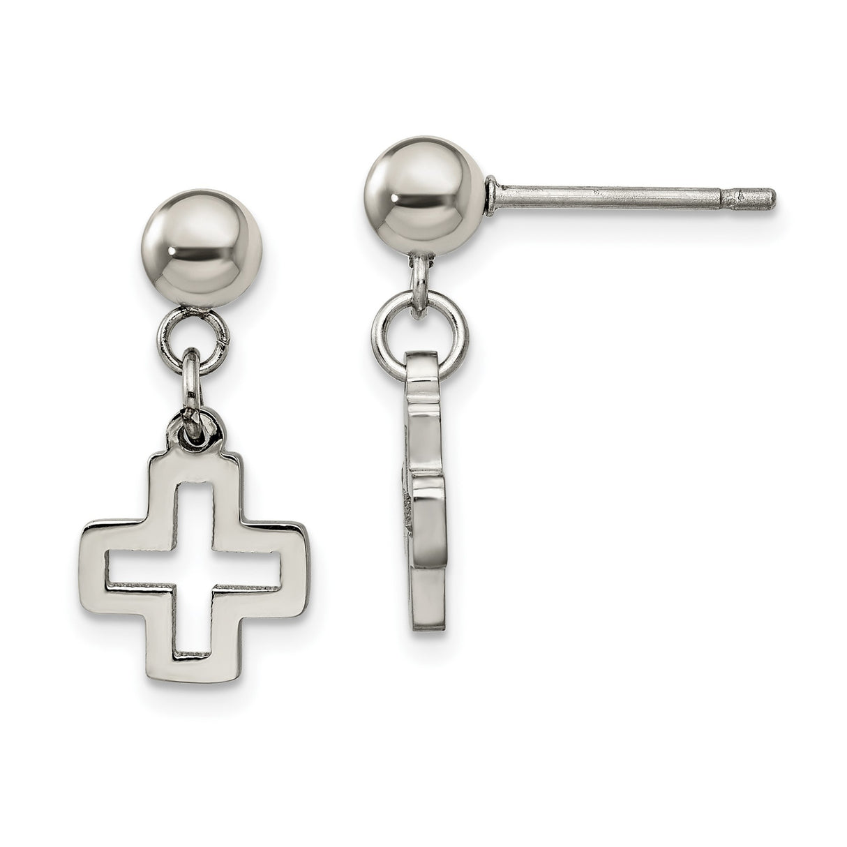 Stainless Steel Dangle Earrings with Hollow Cross Charm and Polished Sphere Design