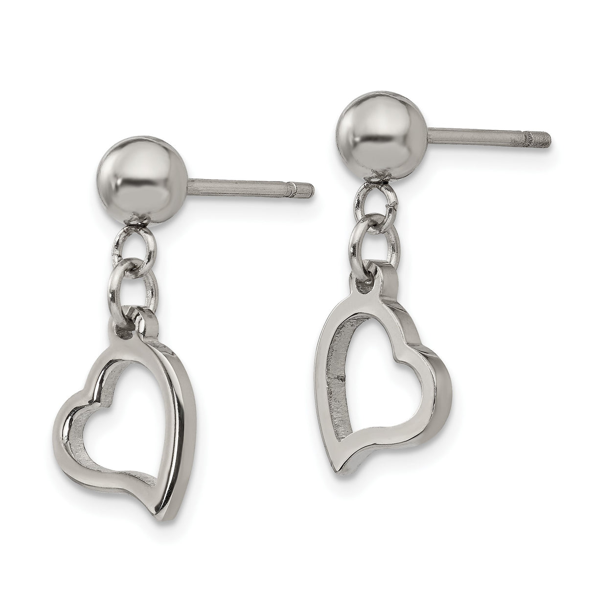 Stainless Steel Heart Dangle Earrings with Open Heart Charm and Ball Stud Post