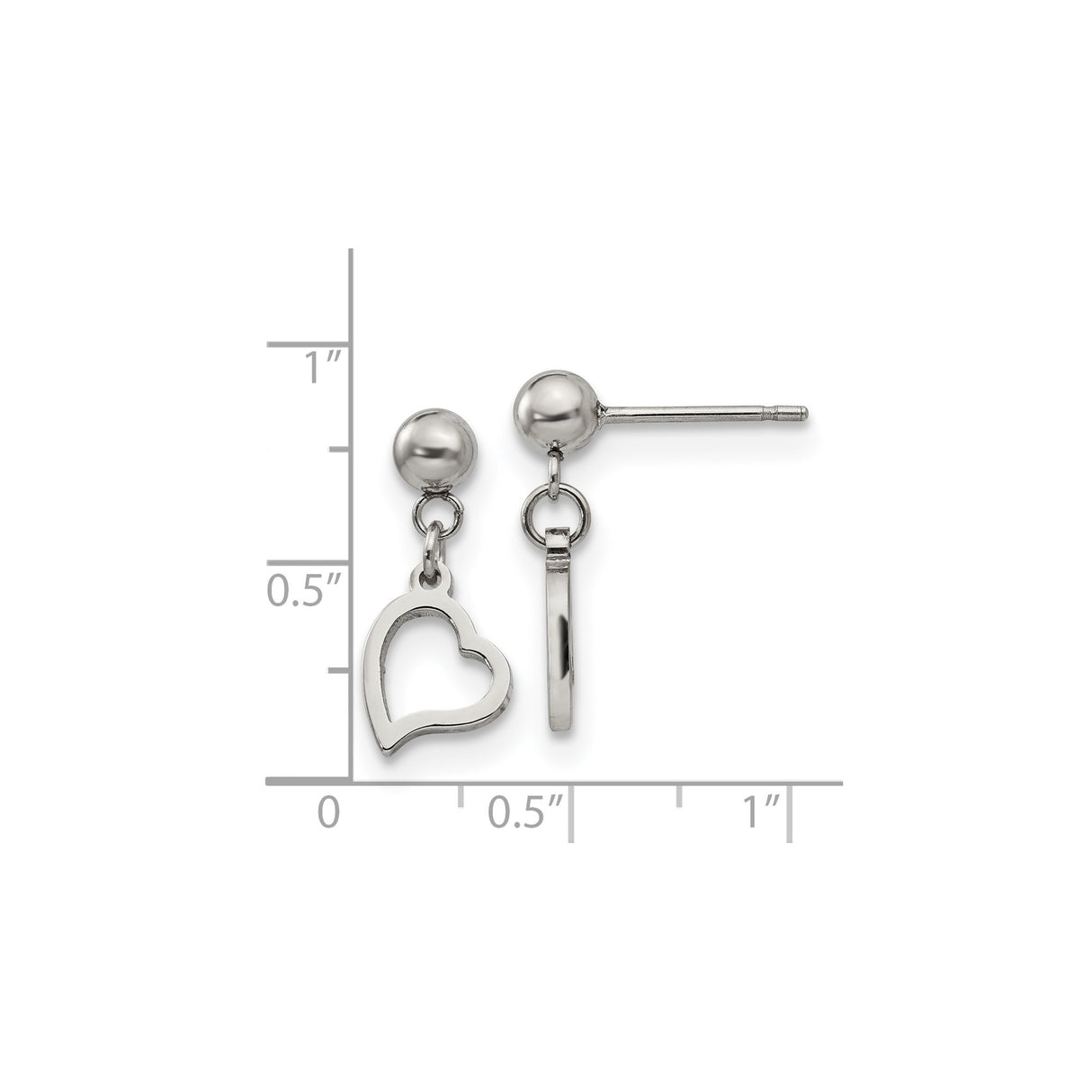 Stainless Steel Heart Dangle Earrings with Open Heart Charm and Ball Stud Post