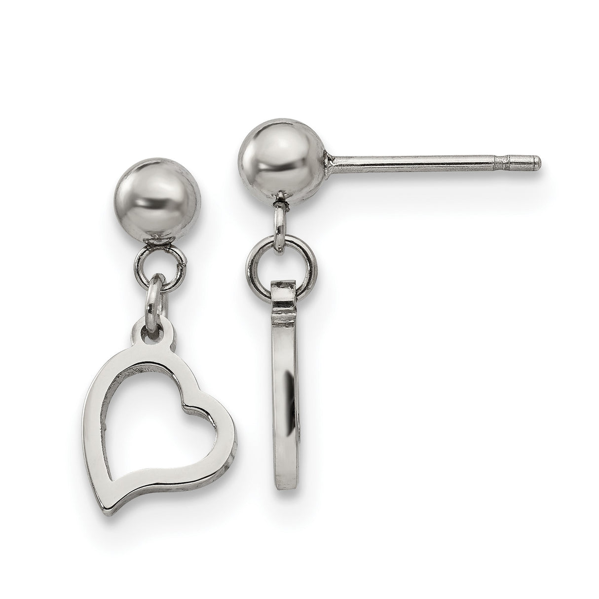 Stainless Steel Heart Dangle Earrings with Open Heart Charm and Ball Stud Post