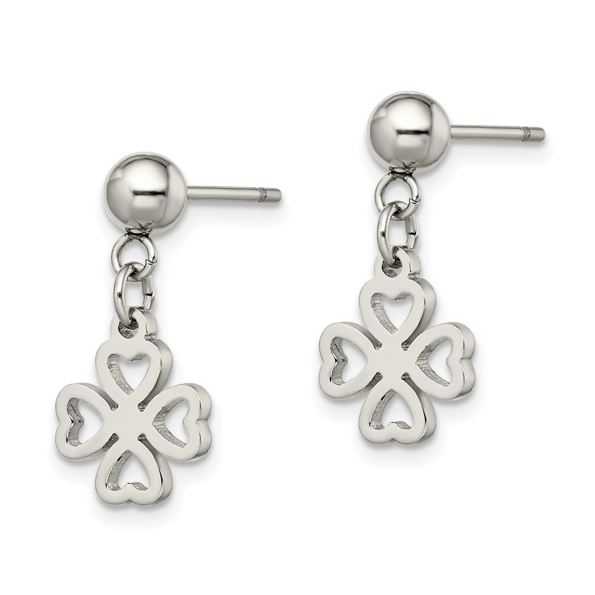Stainless Steel Dangle Earrings with Four Leaf Heart Clover Design, Lightweight Lucky Charm Jewelry