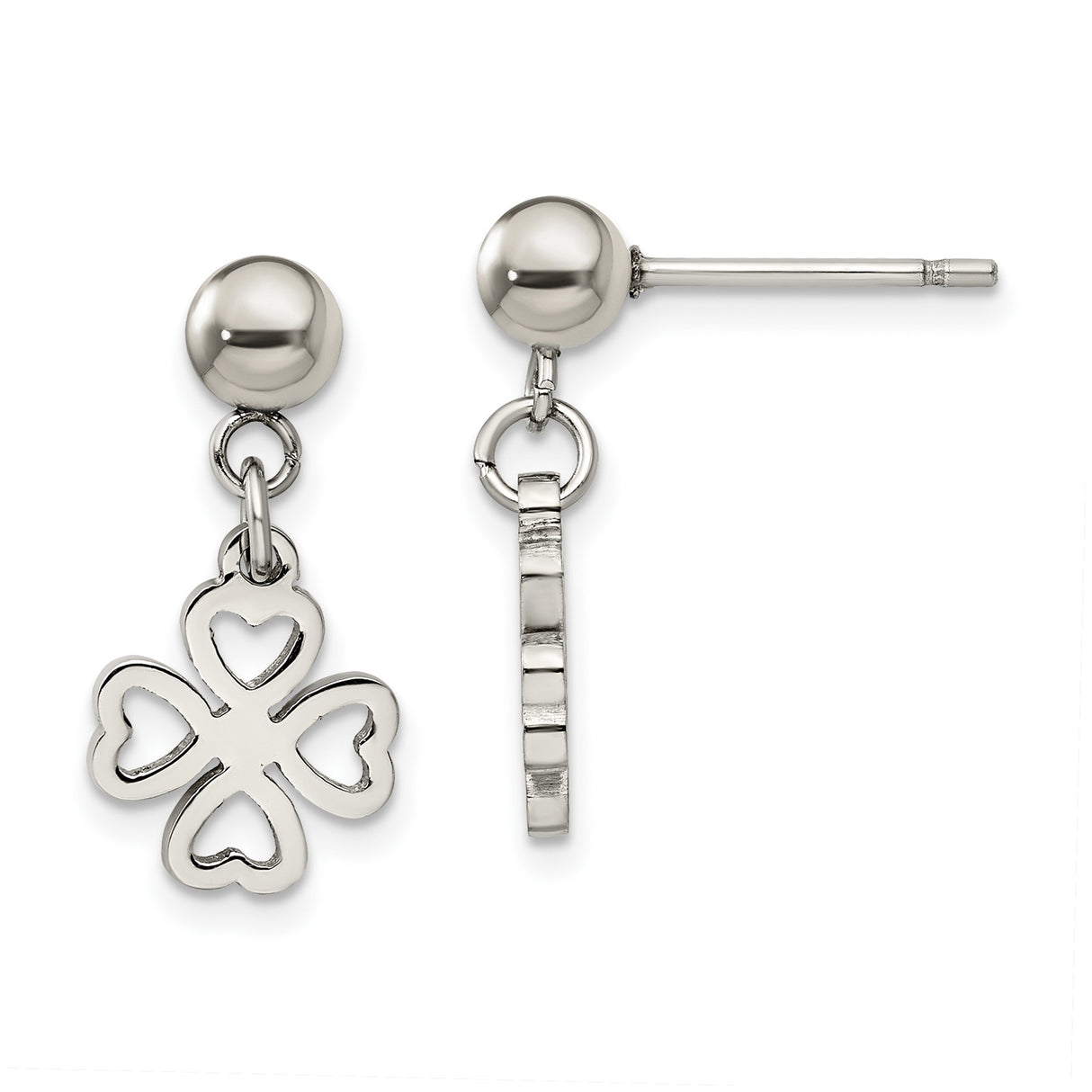 Stainless Steel Dangle Earrings with Four Leaf Heart Clover Design, Lightweight Lucky Charm Jewelry