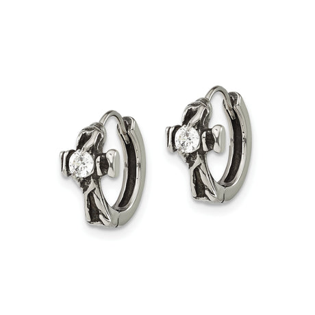 316 Stainless Steel Hoop Earrings with Cubic Zirconia Cross and Textured Detail