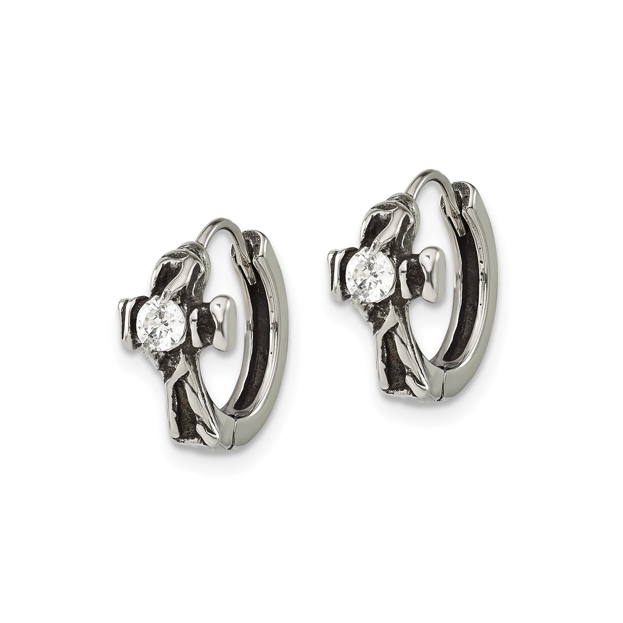 316 Stainless Steel Hoop Earrings with Cubic Zirconia Cross and Textured Detail