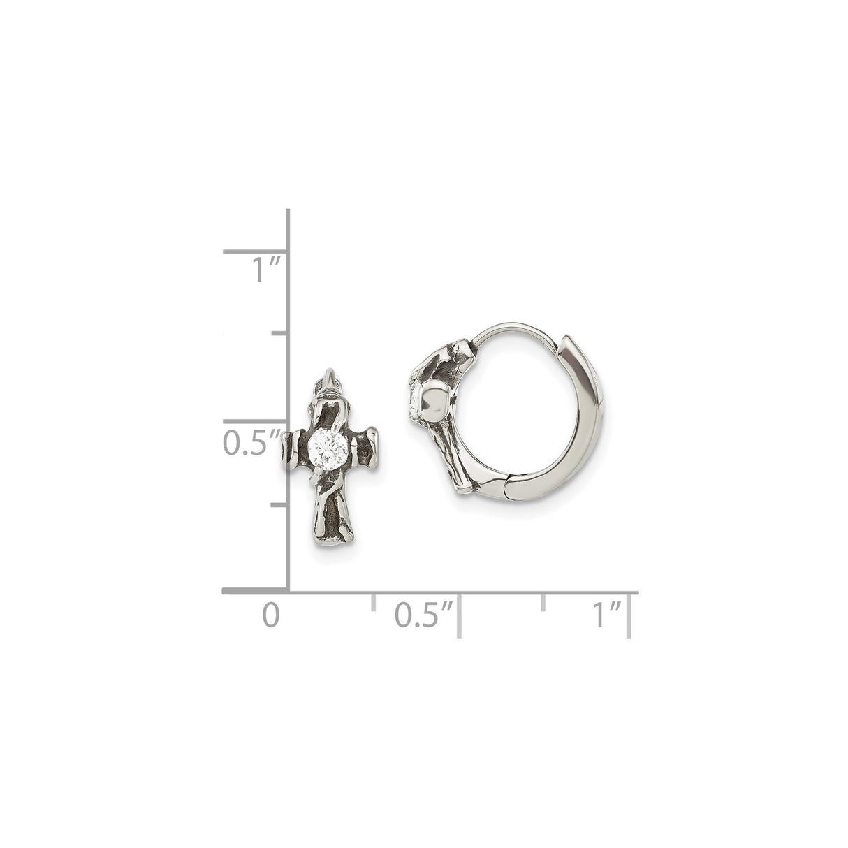 316 Stainless Steel Hoop Earrings with Cubic Zirconia Cross and Textured Detail