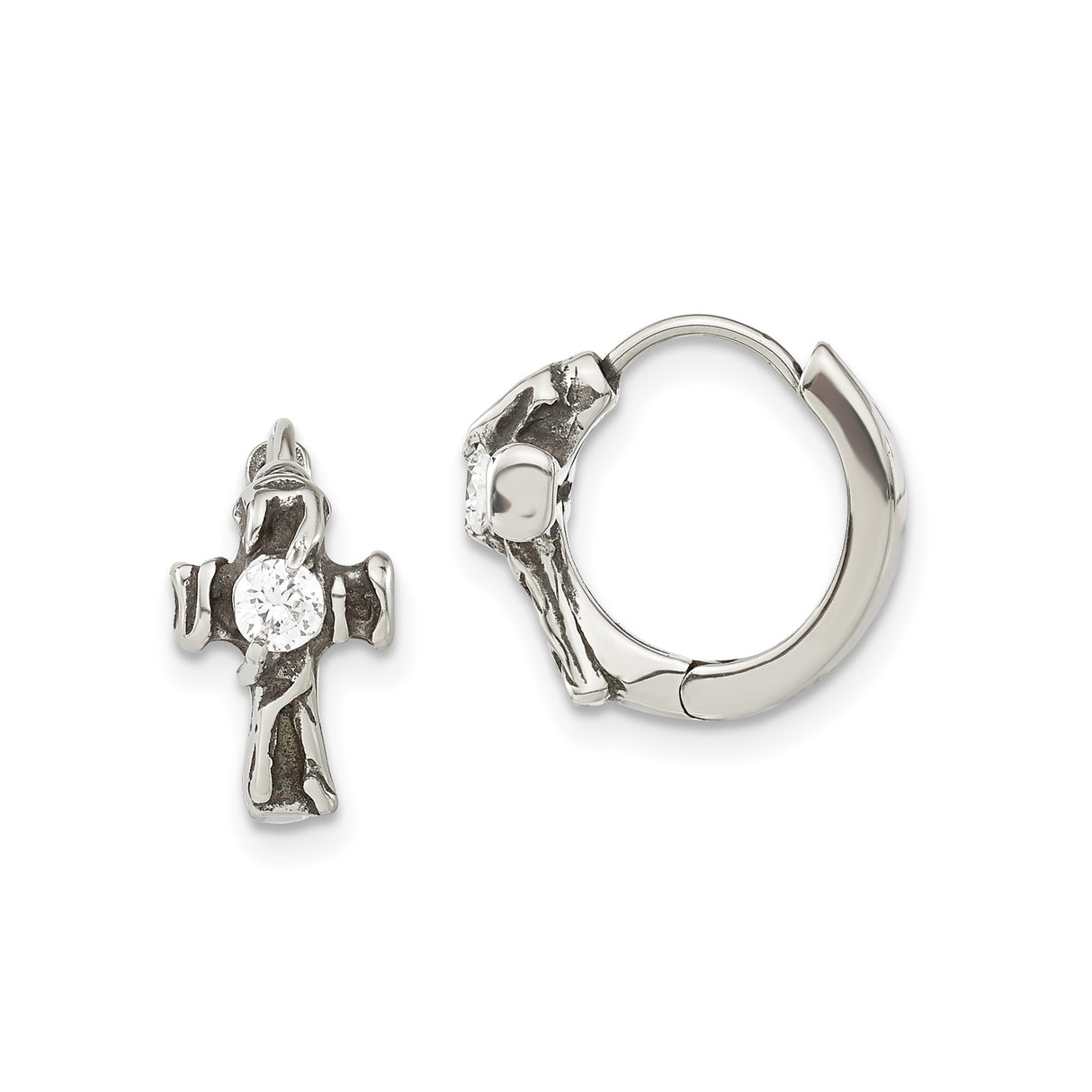 316 Stainless Steel Hoop Earrings with Cubic Zirconia Cross and Textured Detail