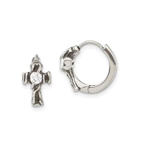 316 Stainless Steel Hoop Earrings with Cubic Zirconia Cross and Textured Detail