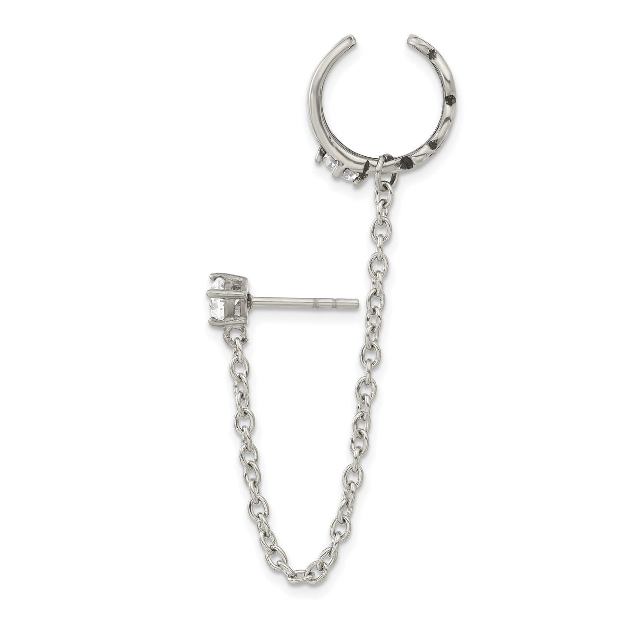 Stainless Steel Chain Earring with Cubic Zirconia Stud, Filigree Cuff Design, Modern Minimalist Style