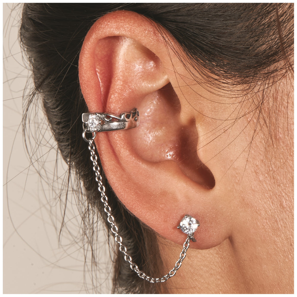 Stainless Steel Chain Earring with Cubic Zirconia Stud, Filigree Cuff Design, Modern Minimalist Style