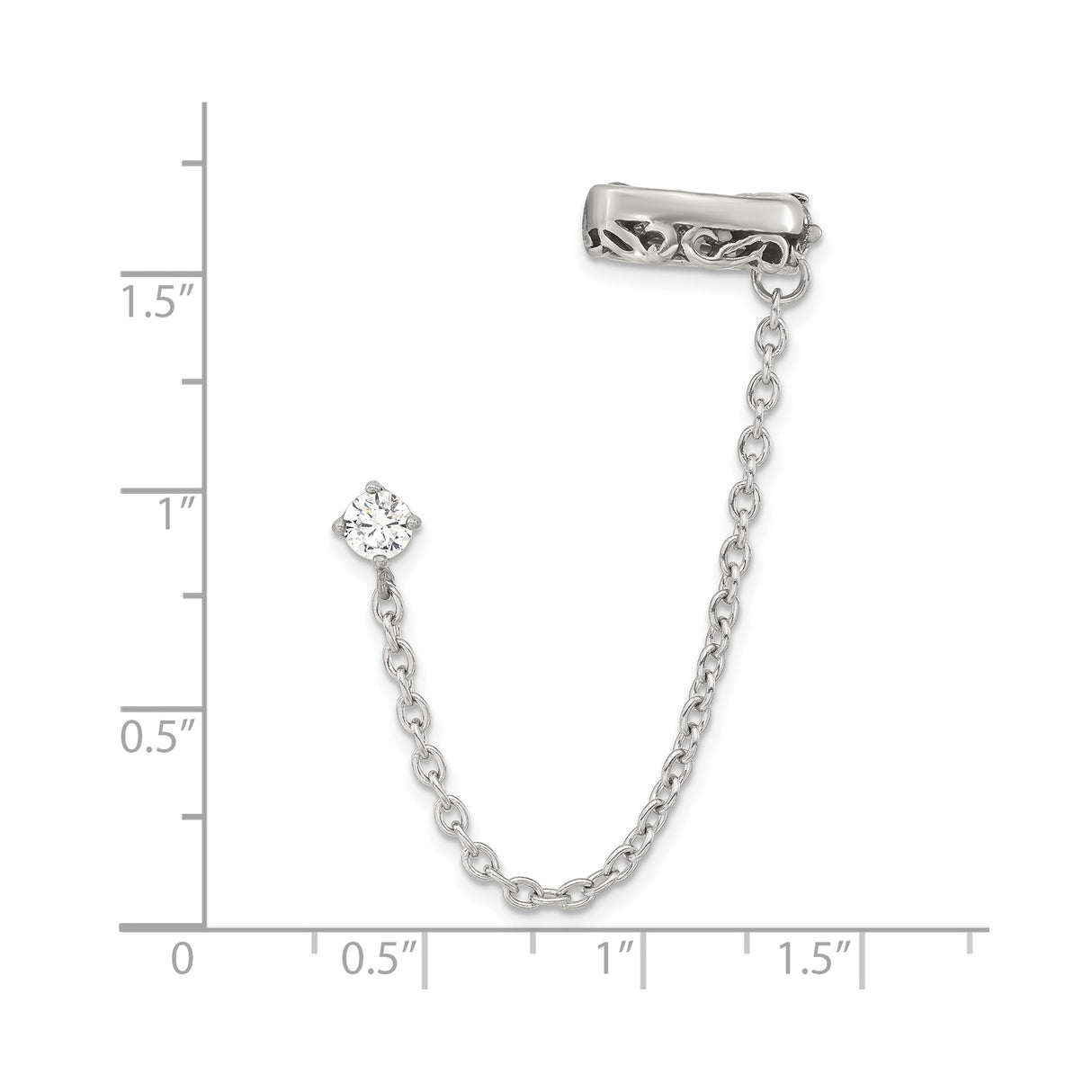 Stainless Steel Chain Earring with Cubic Zirconia Stud, Filigree Cuff Design, Modern Minimalist Style