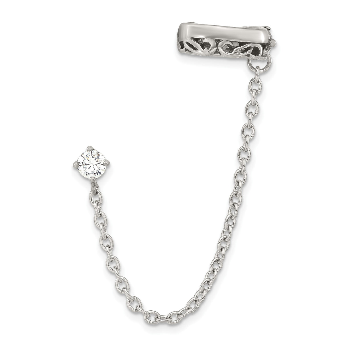 Stainless Steel Chain Earring with Cubic Zirconia Stud, Filigree Cuff Design, Modern Minimalist Style