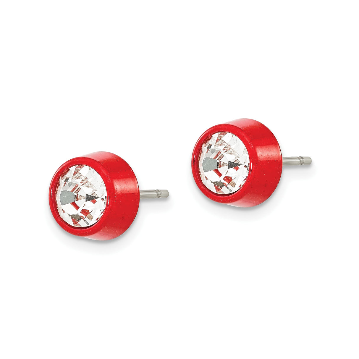 316 Stainless Steel Stud Earrings with Clear Round Crystal, Bold Red Bezel, Modern Unisex Design