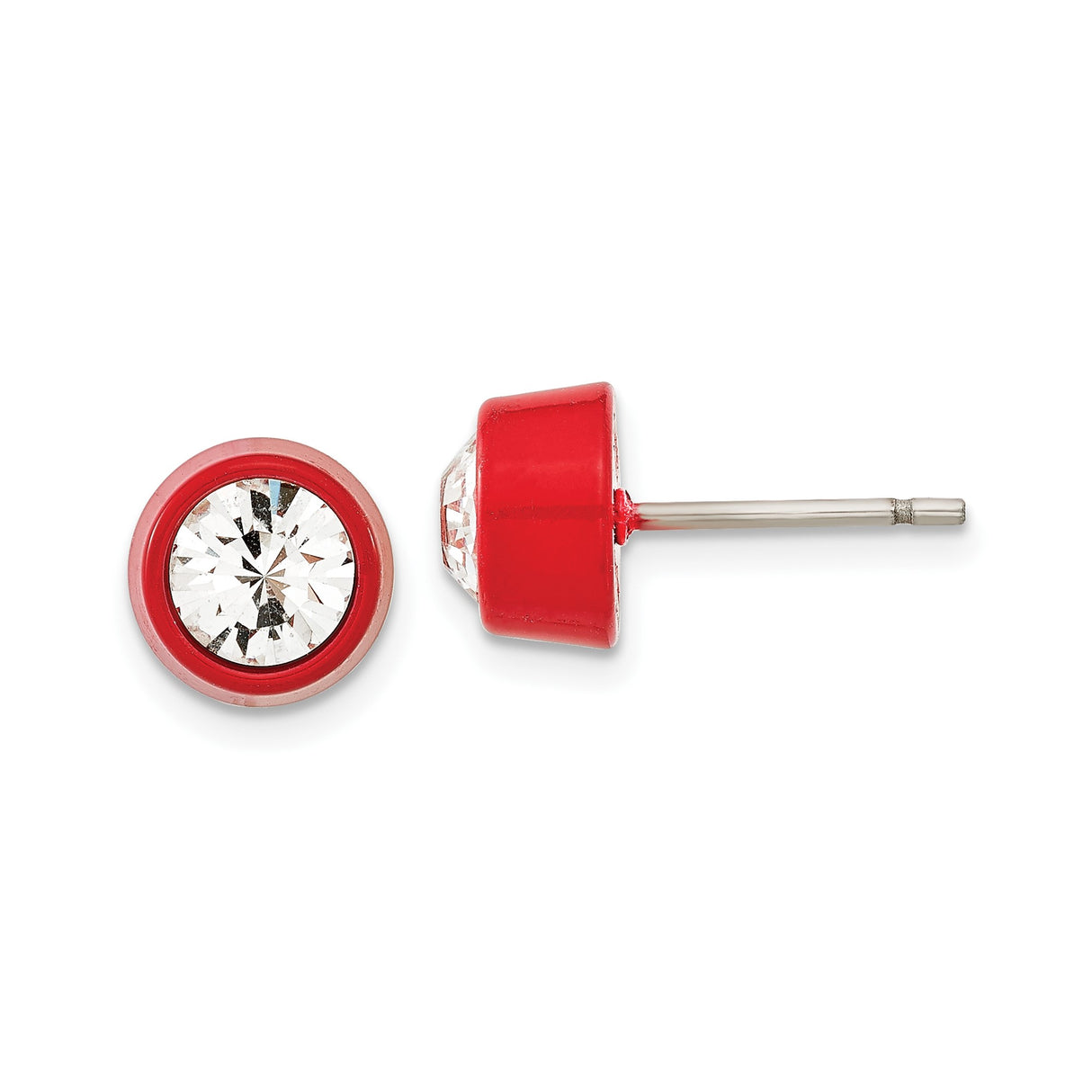 316 Stainless Steel Stud Earrings with Clear Round Crystal, Bold Red Bezel, Modern Unisex Design
